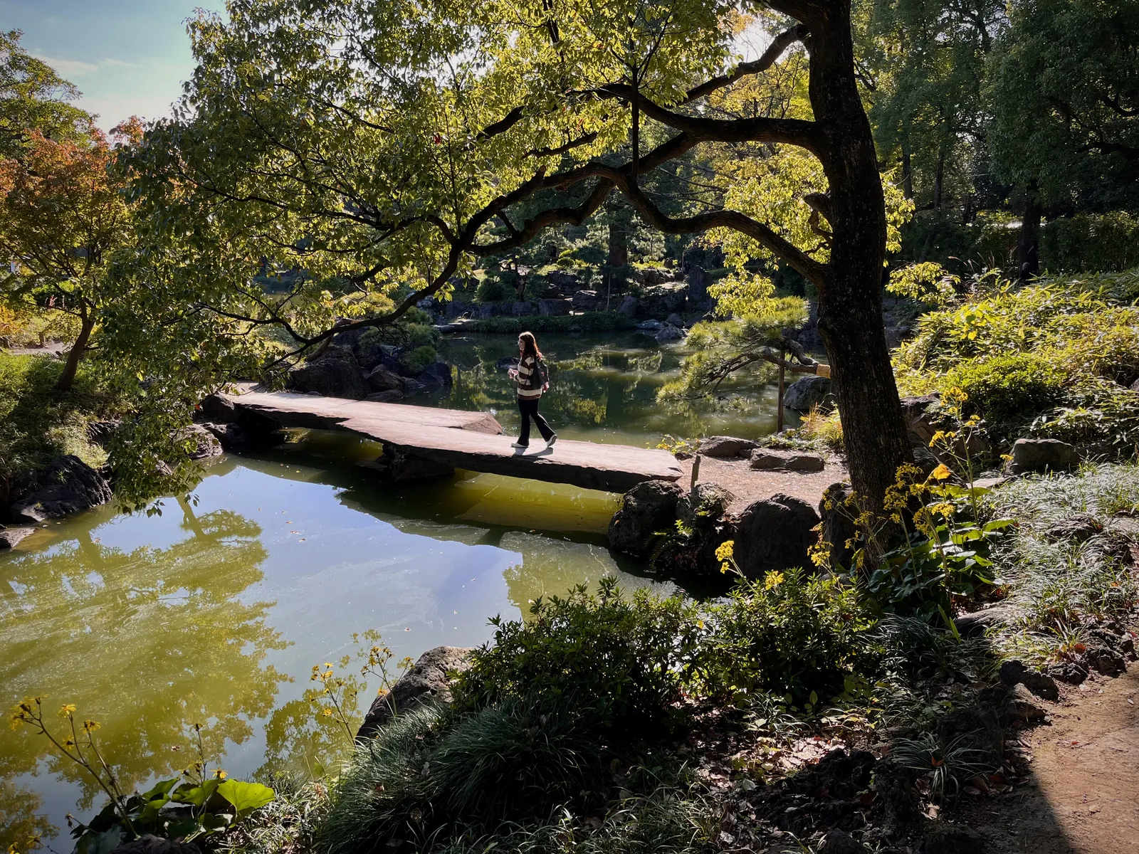 A young woman in a garden walks across a small pond on a stone bridge.