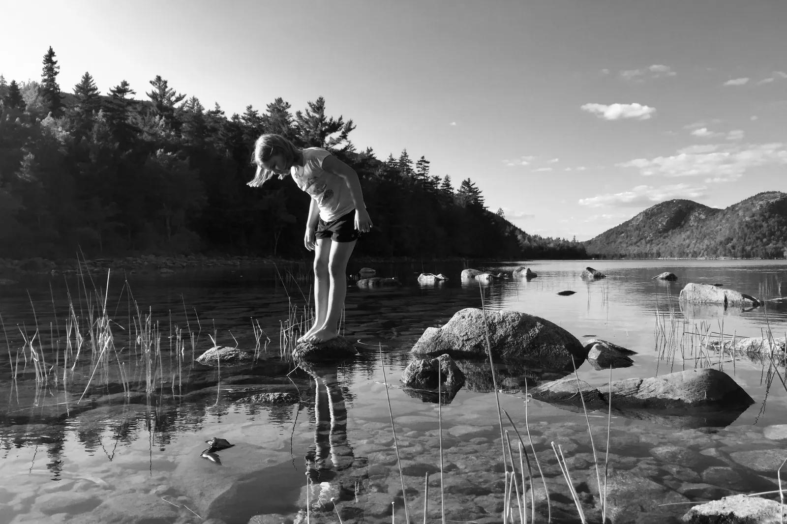 A black and white photo of young girl standing in a shallow pond, looking down towards the water, curious about what is beneath the surface.